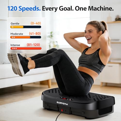 Glorygym Black Large Vibration Plate Exercise Machine for Weight Loss & Full Body Workout with Resistance Bands