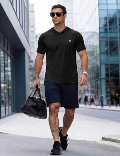Roadbox Men's Short Sleeve Hoodie X-Large Black - Lightweight Workout T-Shirt