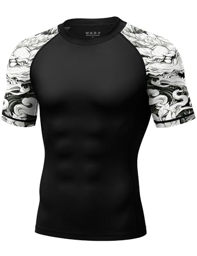 Roadbox Men's BJJ Rash Guard Short Sleeve - XX-Large Black with White Dragon, UPF 50+ MMA Swim Shirt for Surfing
