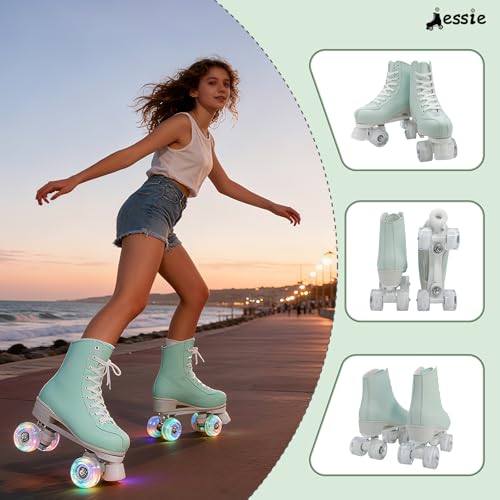 jessie Outdoor Roller Skates Women Adult with Light-Up Wheels, High Top PU Leather Skates with ABEC-7 Bearings for Indoor/Outdoor Skating, Ideal for Beginners(Green White, 39-24.5cm/9.55in)