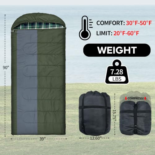 32F Olive Waterproof Sleeping Bag for Adults - 3-4 Season, Right Zip, Machine Washable, Compression Sack