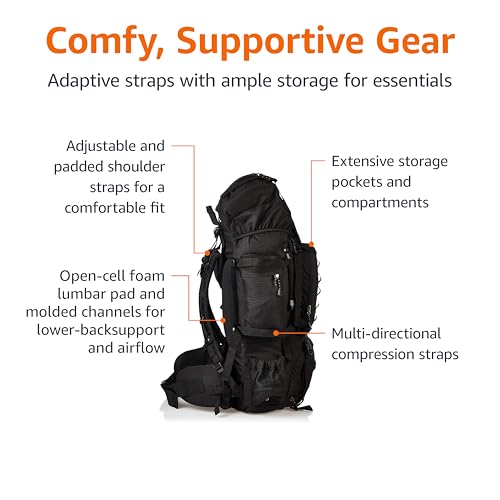 Amazon Basics 75L Internal Frame Hiking Backpack with Rainfly - Black