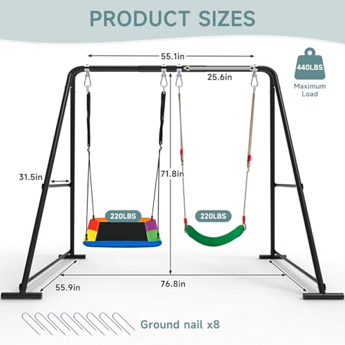 COZEER 2-in-1 Backyard Swing Set with Platform & Belt Swings, Black, Supports 440 lbs