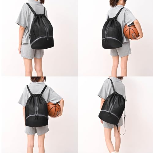 Black Drawstring Gym Bag for Men and Women Waterproof Sport Backpack with Shoes Compartment