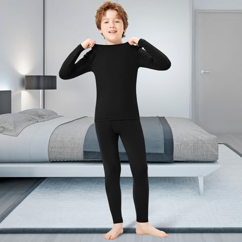 Kids Thermal Underwear Set for Boys - Fleece Lined Long Johns, Medium / Black & Gray