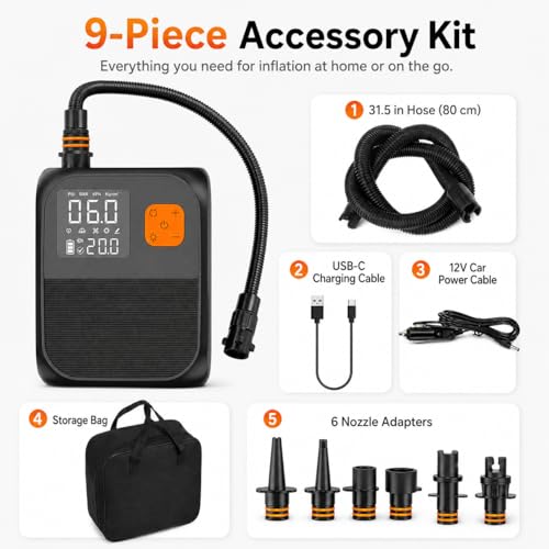 Rechargeable Electric Paddle Board Pump 25 PSI - Portable SUP Inflator with LED Light