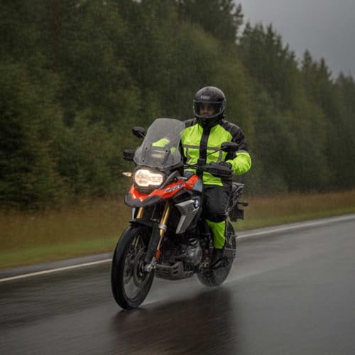 Men's Water-Resistant Motorcycle Rain Suit - Neon Green, Large with Hi Vis Reflective Tape