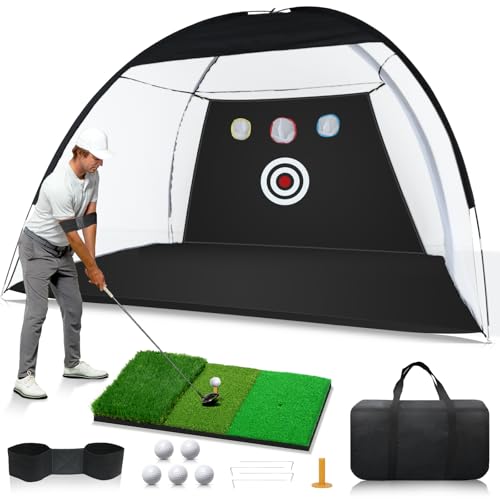 Golf Practice Net 10x7ft with Targets, Balls & Mat - Indoor & Outdoor Swing Training