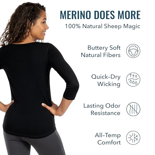 Women's Merino Wool Henley Shirt - 3/4 Sleeve, Large, Fir