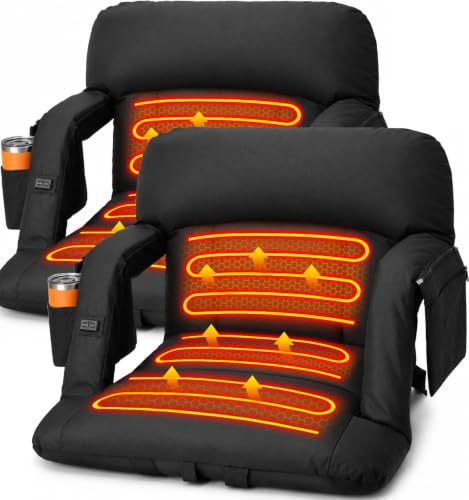 Heated Stadium Seats with Back Support 2 Pack - Black, 25-Inch Wide
