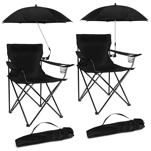 HaSteeL 2 Pack Black Folding Camping Chairs with Detachable UV Umbrellas, Portable Beach & Lawn Chairs, Supports 275lbs