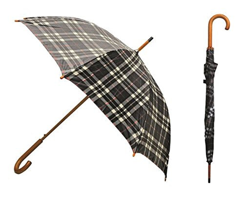 Rainbrella Classic Auto Open Umbrella with Real Wooden Hook Handle, Black Plaid, 46"