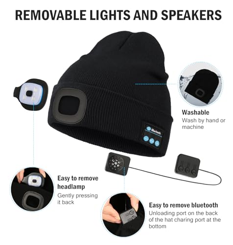 Bluetooth Beanie with Light - Wireless Headphones for Men, Teens, Outdoor Activities - Black