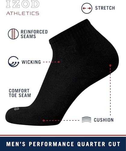IZOD Men's 6-Pack Performance Cushioned Athletic Quarter Socks - White, 12.5 Size
