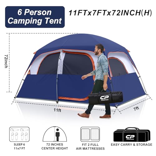 Blue CAMPROS CP 6-Person Waterproof Family Camping Tent - Spacious & Durable