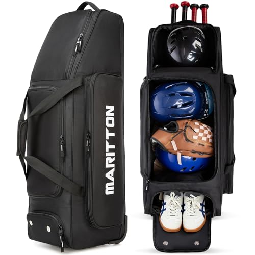 MERALIAN Black Rolling Baseball Bag with Wheels for 4 Bats and Gear