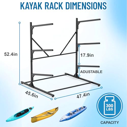 Heavy Duty Freestanding Kayak Rack for 3 Kayaks, Canoes & Paddle Boards - Adjustable Storage Stand - Outdoor & Garage Organization