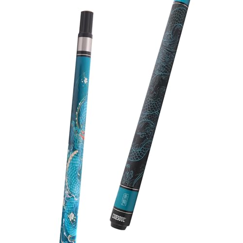Pool Cue with Black Case - 19oz, 58 Inches, Mythological Symbols, Blue Dragon Variation