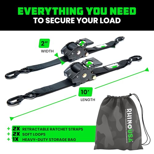 Rhino USA Retractable Ratchet Straps 2-Pack - 2in x 10ft, 3,033lb, Black