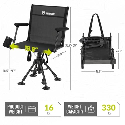 HUNTSEN Standard Edition 360° Silent Swivel Hunting Chair – Heavy Duty Ground Blind Seat with Adjustable Legs & Armrest, Supports 330lbs