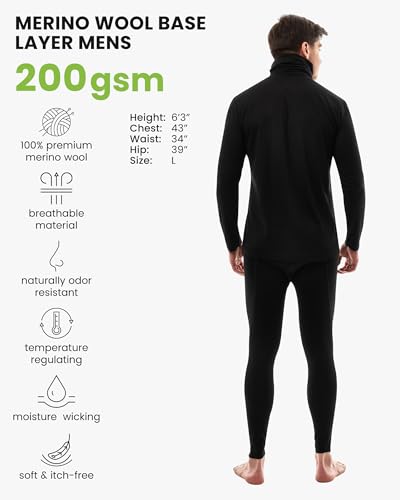 Large Merino Wool Base Layer Men Thermal Underwear Set with Neck Gaiter - Black