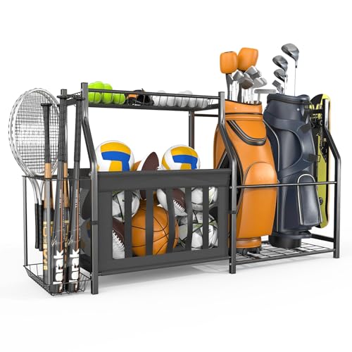 Garage Sports Equipment Organizer Stand for 2 Golf Bags and Balls