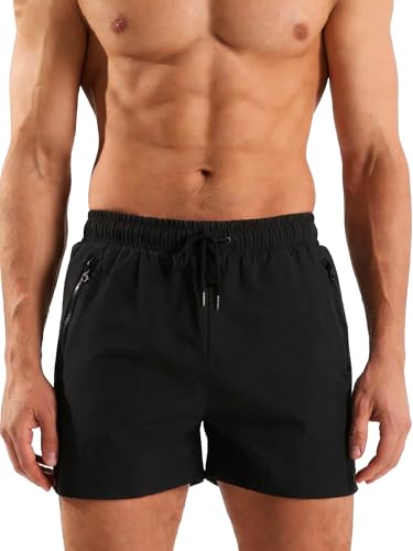 Men's Swim Trunks with Zipper Pockets 5 Inch Quick Dry Beach Shorts - Large, Black