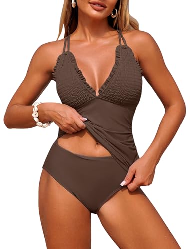 Women's Tankini Swimsuit Set - Smocked 2-Piece Bathing Suit, Large Brown