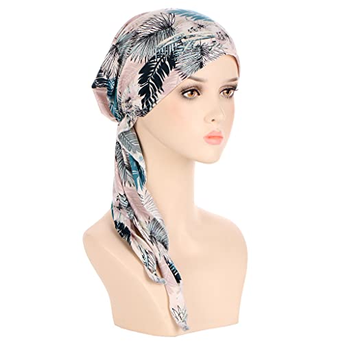 Women Floral Print Tie Back Beanies Turban for Cancer Hair Loss - Light Pink Leaves