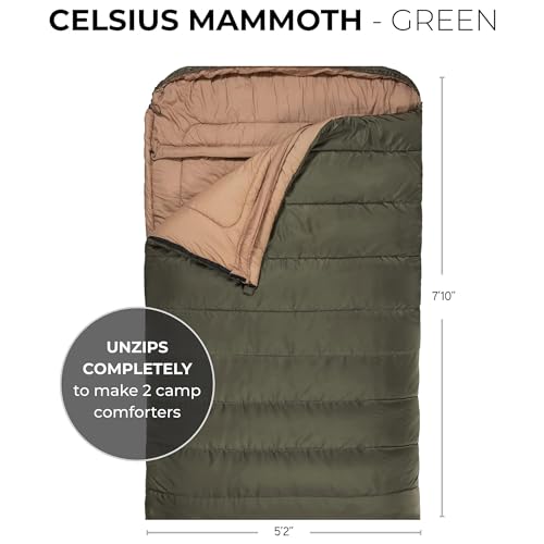Green Mammoth Queen Size Double Sleeping Bag - Warm Camping Comfort 0°F