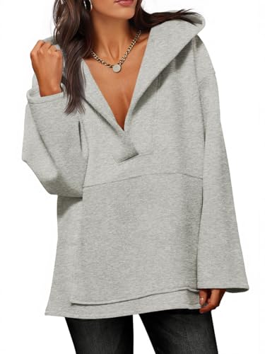 Fisoew Women's Oversized Hoodies Sweatshirt Grey Large Fall Winter Casual Fleece V-Neck Long Sleeve Hooded Top