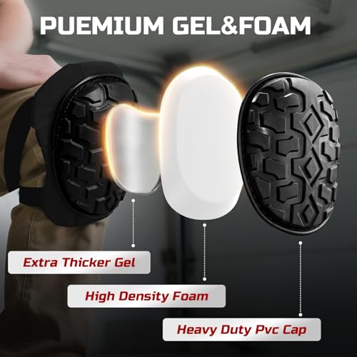 Black Heavy Duty Construction Knee Pads with Gel Cushion & Adjustable Strap