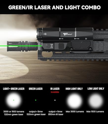 VOTATU MDL-IG 3000 Lumens Tactical Flashlight with Green & IR Laser, Black for Rifles