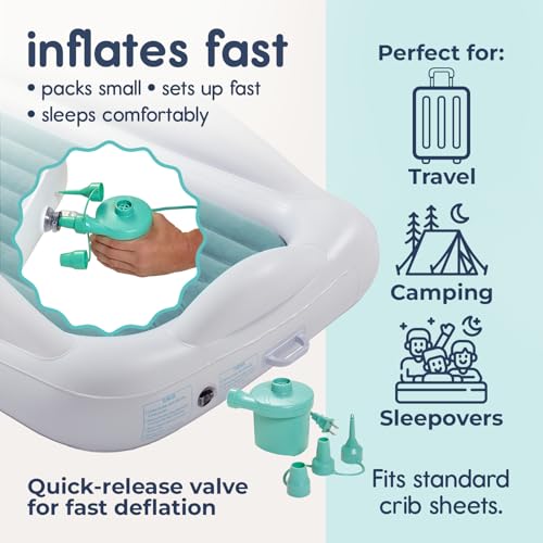 Hiccapop Inflatable Toddler Travel Bed with Safety Bumpers - Misty Blue, Portable & Puncture-Resistant