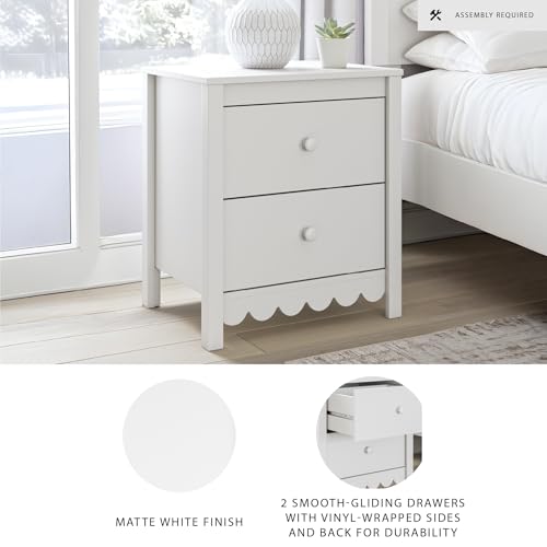 White Ashley Hallityn Nightstand with 2 Drawers, Scalloped Cottage Style