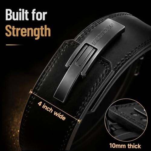 Heavy Duty Adjustable Leather Weightlifting Belt - Black, L (34-40in) | 10mm Thick 4-Inch Wide Support for Men & Women