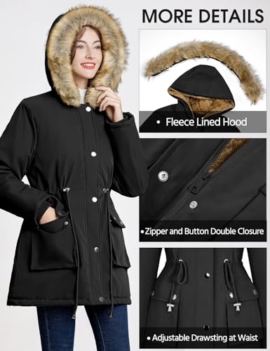 Women Winter Coat with Fleece Lining & Faux Fur Hood - Large, Black