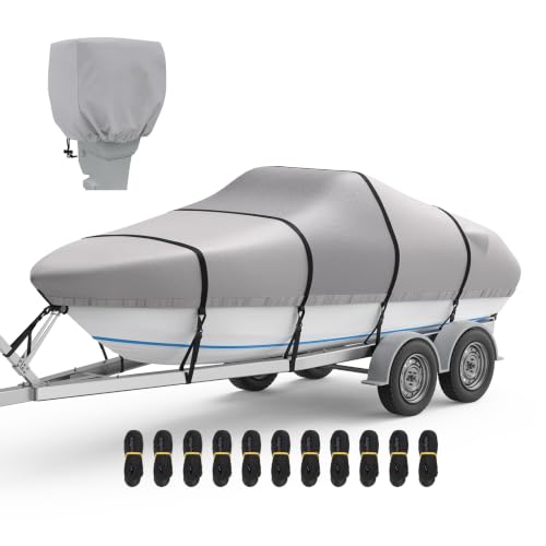 RVMasking 20-22 ft Boat Cover with Motor Cover, Gray, Reinforced 1400D, Windproof
