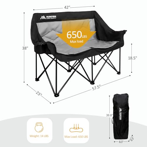 Huskfirm Oversized 2-Person Camping Chair Grey - Portable Folding Lawn Seat