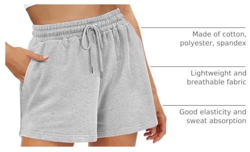 Women's Cotton Fleece Sweat Shorts with Pockets - Grey, Large - Cute Casual Style