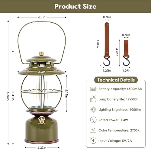 Retro Army Green Metal Vintage LED Camping Lantern with Dimming