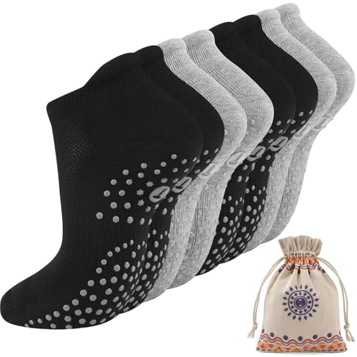 Toes Home Pilates Socks for Women - Cushioned Grip Yoga & Barre Socks 9-11, Black & Grey - 4 Pairs