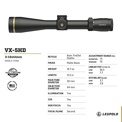 Leupold VX-5HD 3-15x44mm Riflescope with Illuminated FireDot Duplex and CDS-ZL2 | Side Focus, Matte Finish