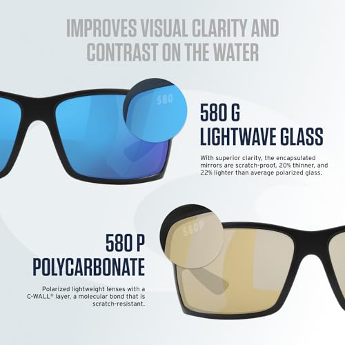 Costa Del Mar Men's Rincon II Rectangular Sunglasses Matte Black/Blue Mirrored 580p 64mm