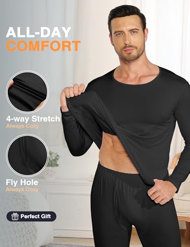 X-Large 3 Pack Men's Thermal Underwear Long Johns Fleece Lined Soft Warm Base Layer Black