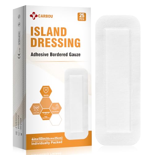 Carbou Island Dressing 4x10 Inch Sterile Bordered Gauze Pads - Wound Care (25 Count)