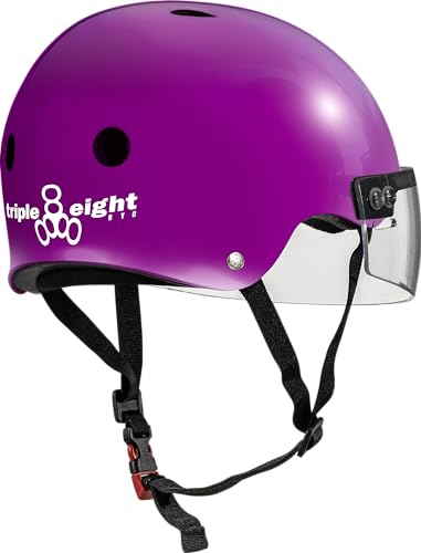 Triple Eight The Certified Sweatsaver Helmet with Visor for Roller Derby, Skateboarding and BMX, Purple Glossy, L/XL