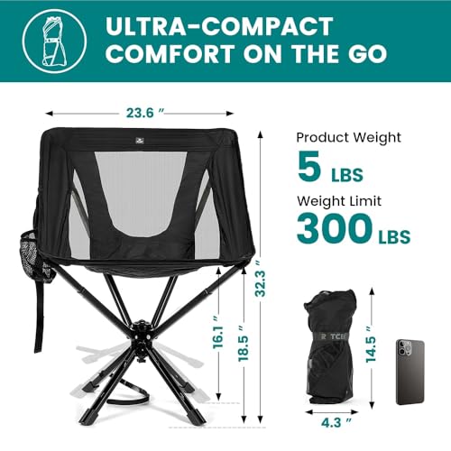 Portable Camping Chair with Swivel & Auto-Return - Lightweight Compact Folding Seat for Adults, Black