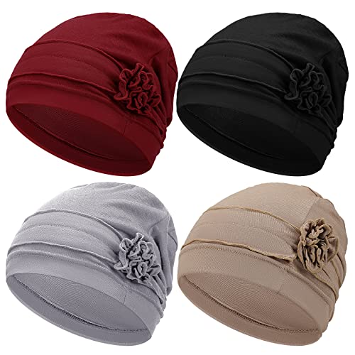 Chemo Turban Headwear for Women 4 Pack - Black, Gray, Khaki, Burgundy with Flower Design
