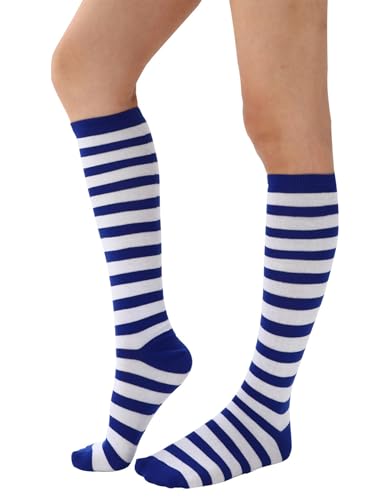 Women's Casual Striped Knee High Athletic Socks - Royal Blue & White, One Size